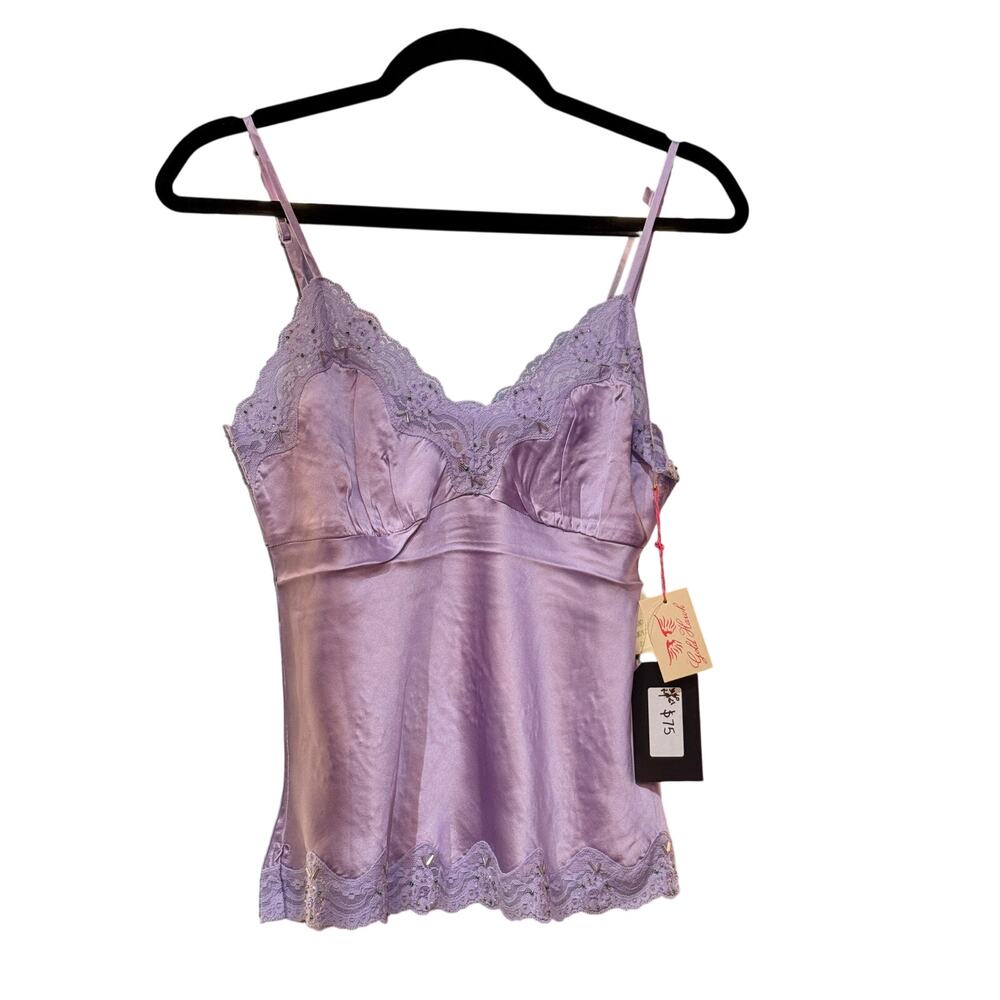 $180 Gold Hawk Light Purple Beaded 100% Silk Cami Lace Tank S